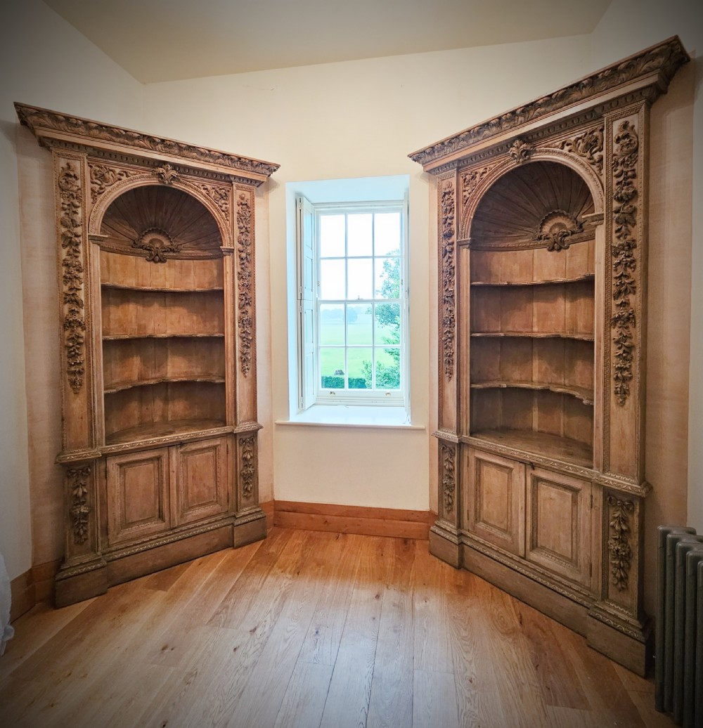 Impressive pair of Georgian carved pine open corner cabinets. View IV