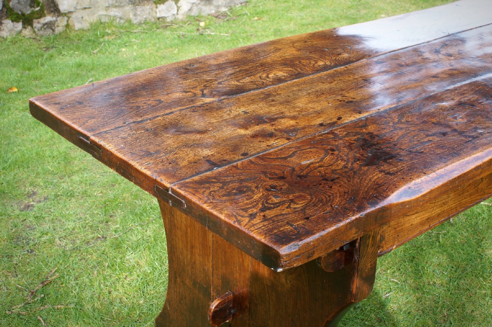 Rare 17th Century Elm Trestle Table View XI