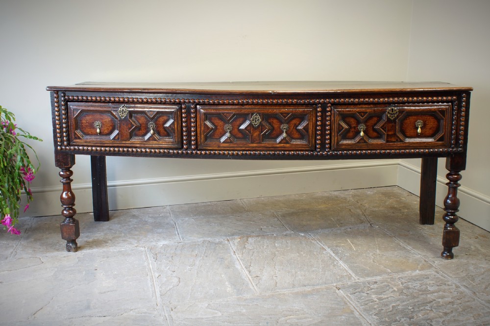 17th Century Moulded Oak Dresser base.  View XII