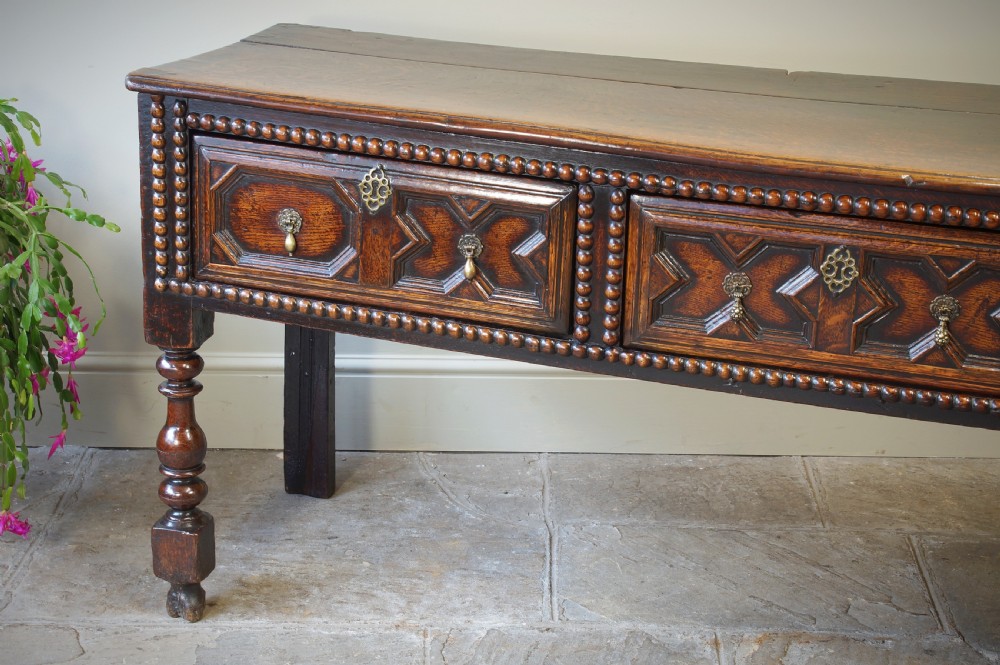 17th Century Moulded Oak Dresser base.  View XIII