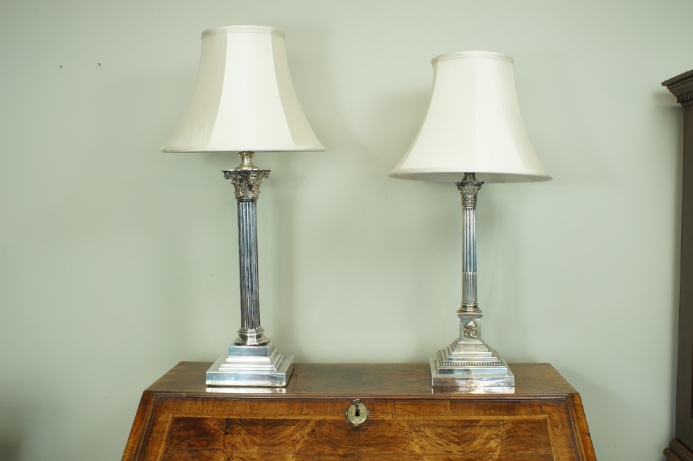 Large  Silver Plate Corinthian Column Table Lamp . View II