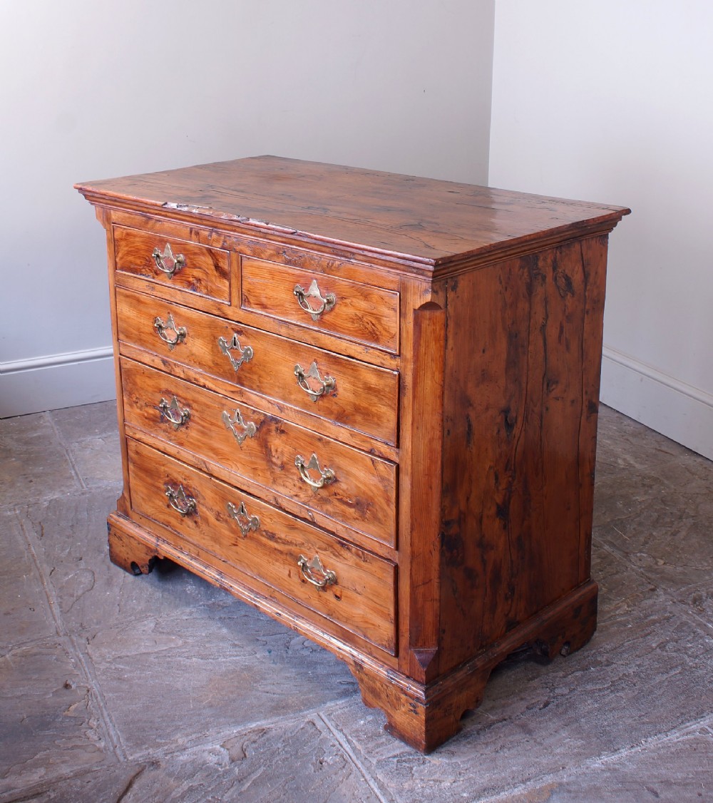 An 18th-century Georgian chest of drawers crafted from highly figured warm honey-toned yew wood with two short drawers over three long drawers and brass batwing handles. View VIII