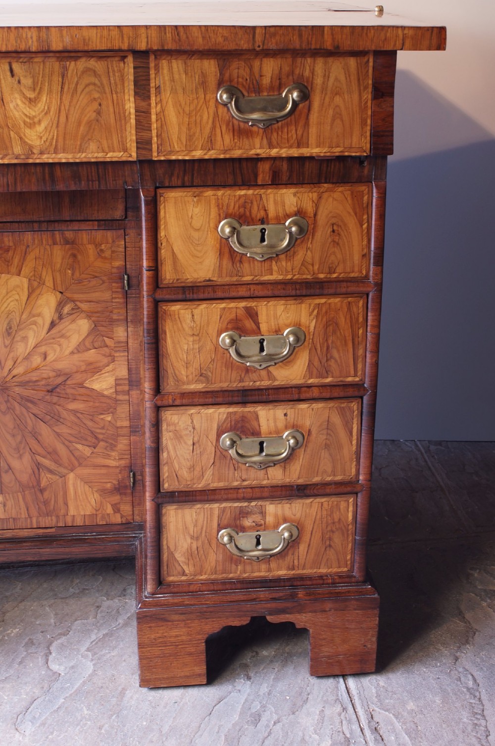 A William and Mary Kingwood oyster veneered kneehole secretaire desk View IX