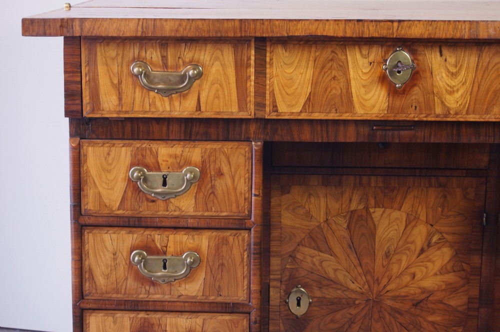 A William and Mary Kingwood oyster veneered kneehole secretaire desk View XII