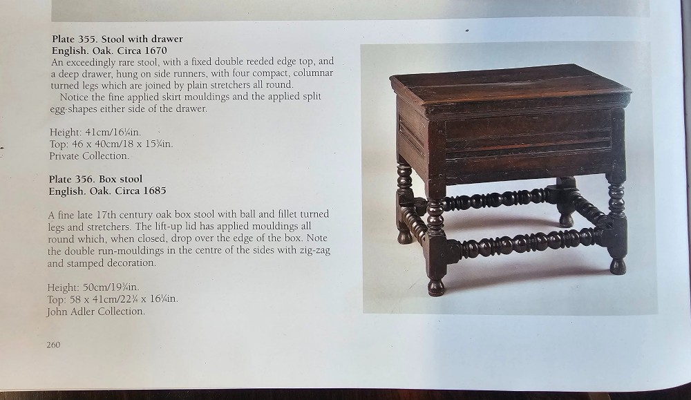 A 17th-century dark oak box stool with a flat hinged top, moulded panel front, and turned legs joined by a bobbin stretcher. View XV