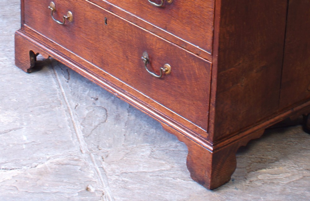 A Georgian oak chest of drawers featuring two short over three long graduated drawers with brass swan-neck handles and bracket feet. View IV