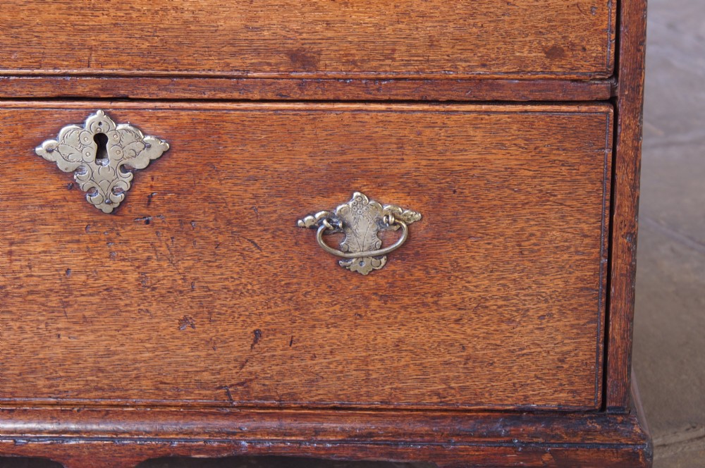 An early eighteenth-century oak chest of drawers featuring two short over three long drawers with brass drop handles and bracket feet. View XIII