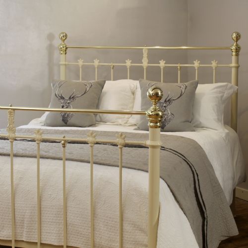fig 1. 5ft Wide Brass and Iron Antique Bed Finished in Soft Cream