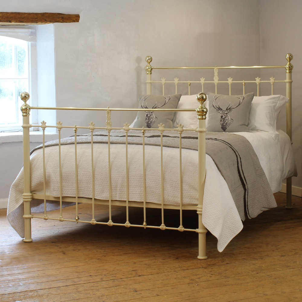 5ft Wide Brass and Iron Antique Bed Finished in Soft Cream