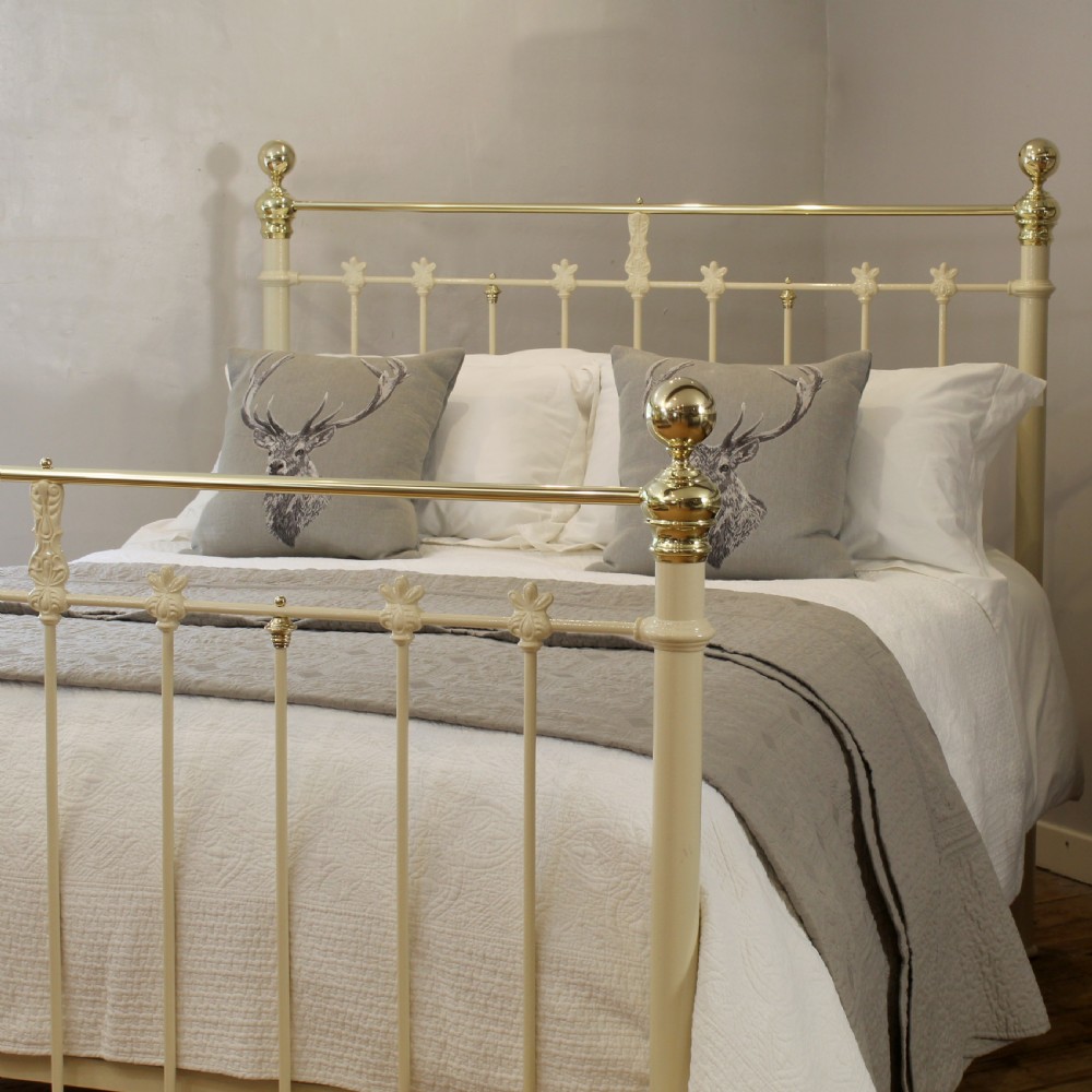 5ft Wide Brass and Iron Antique Bed Finished in Soft Cream View II