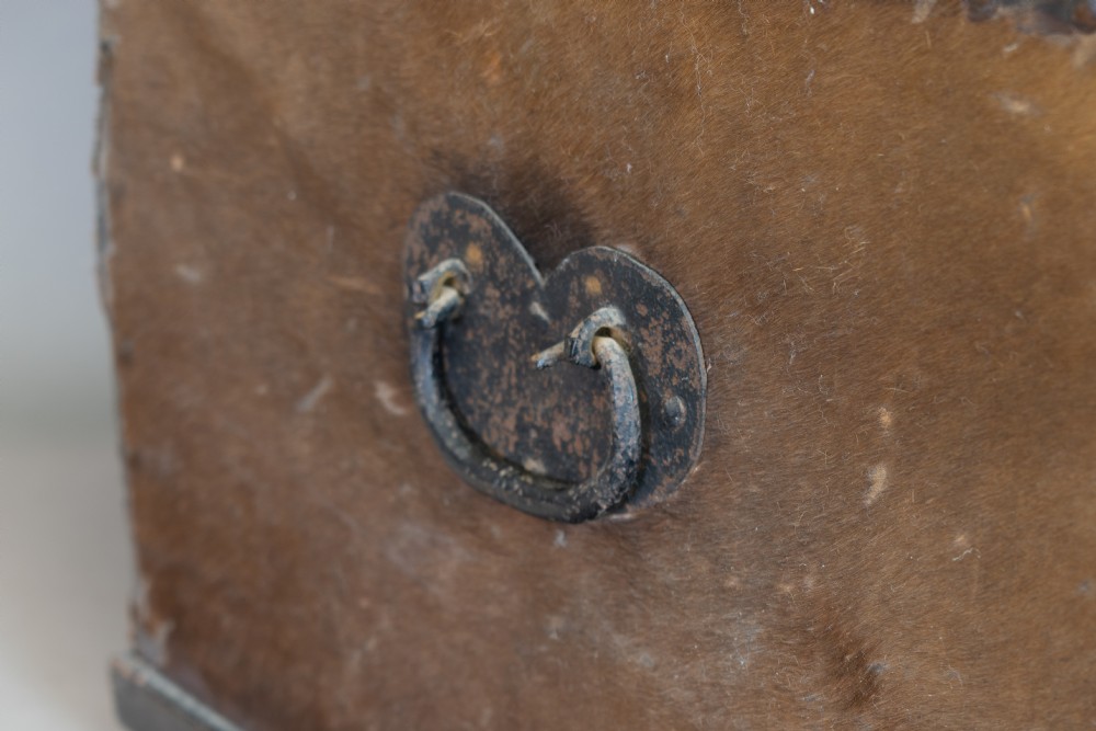 An antique domed-top storage trunk covered in natural brown hide, detailed with decorative iron studding and a central iron lockplate. View V