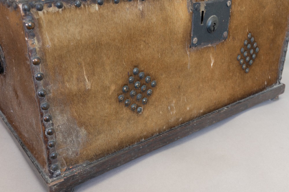 An antique domed-top storage trunk covered in natural brown hide, detailed with decorative iron studding and a central iron lockplate. View VI