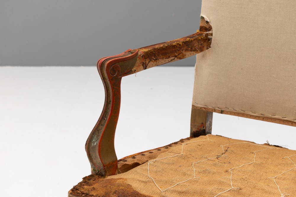 A set of six French gilded dining chairs featuring carved wooden frames, high backrests, and curved cabriole legs. View VII