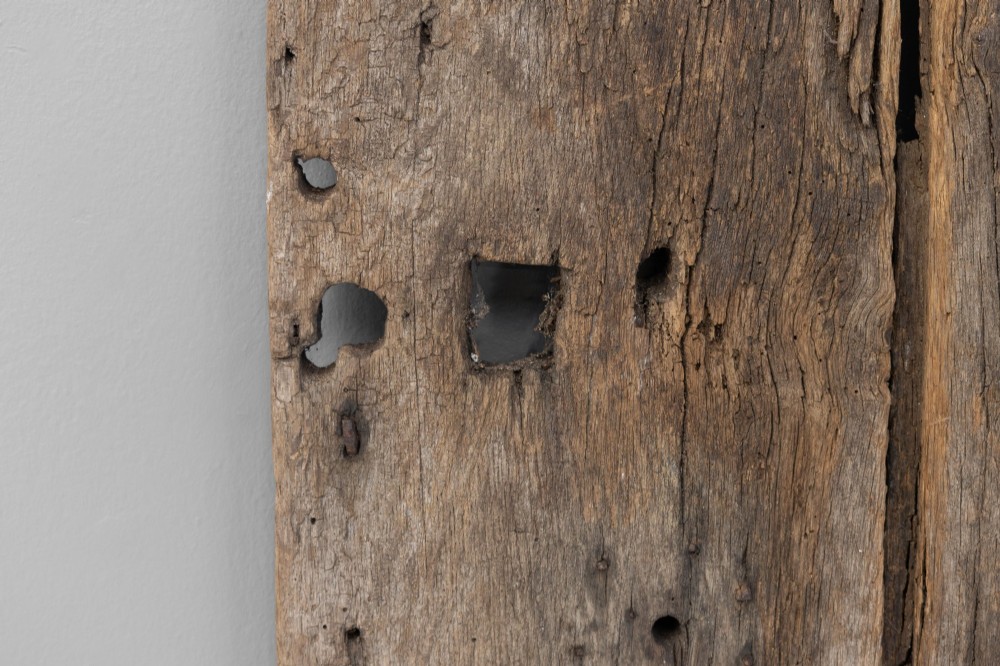 A tall weathered antique oak plank door featuring vertical wooden boards joined with visible iron studs and a natural aged patina. View III