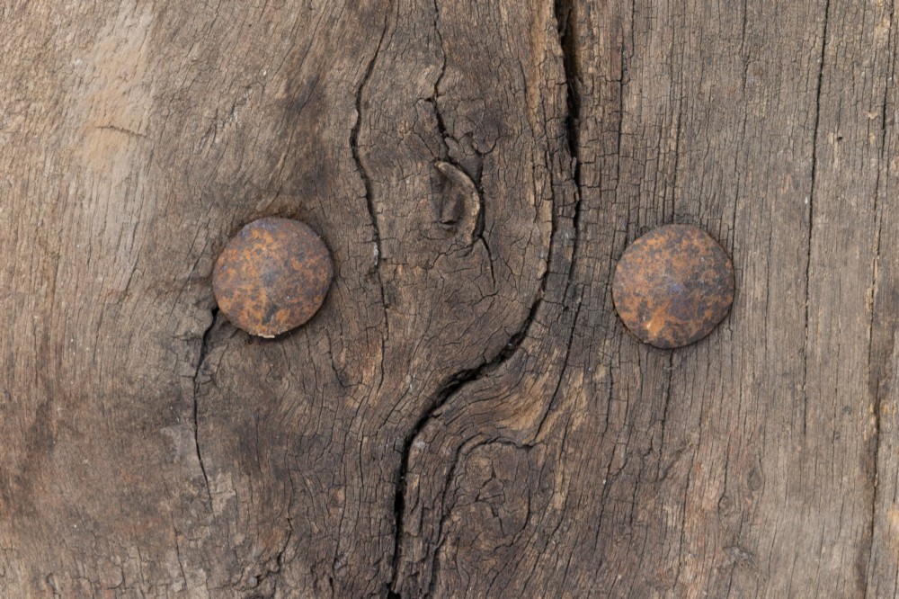 A tall weathered antique oak plank door featuring vertical wooden boards joined with visible iron studs and a natural aged patina. View IV