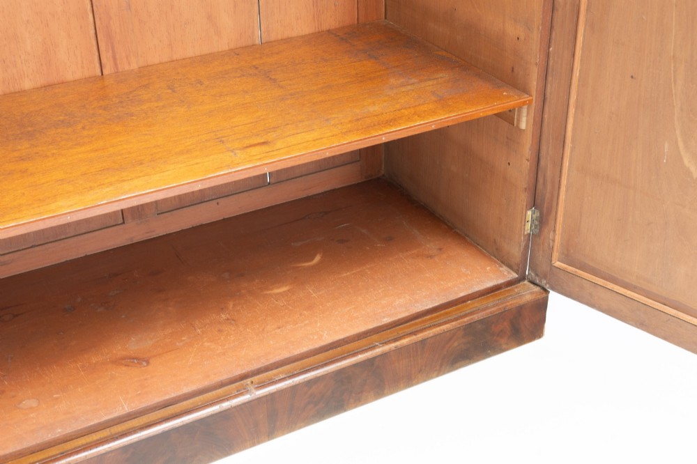 A nineteenth-century two-door flame mahogany cupboard with arched panelled doors and a moulded top cornice. View IV