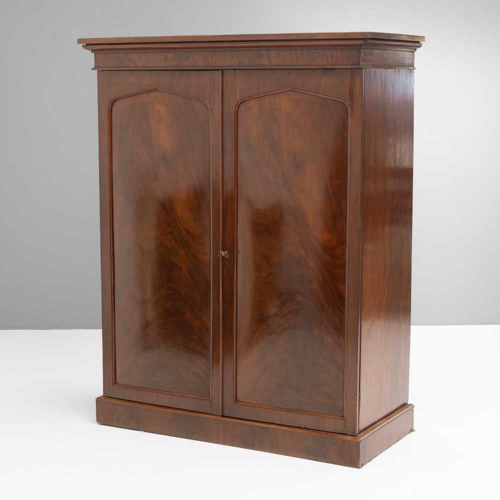 A nineteenth-century two-door flame mahogany cupboard with arched panelled doors and a moulded top cornice. View IX