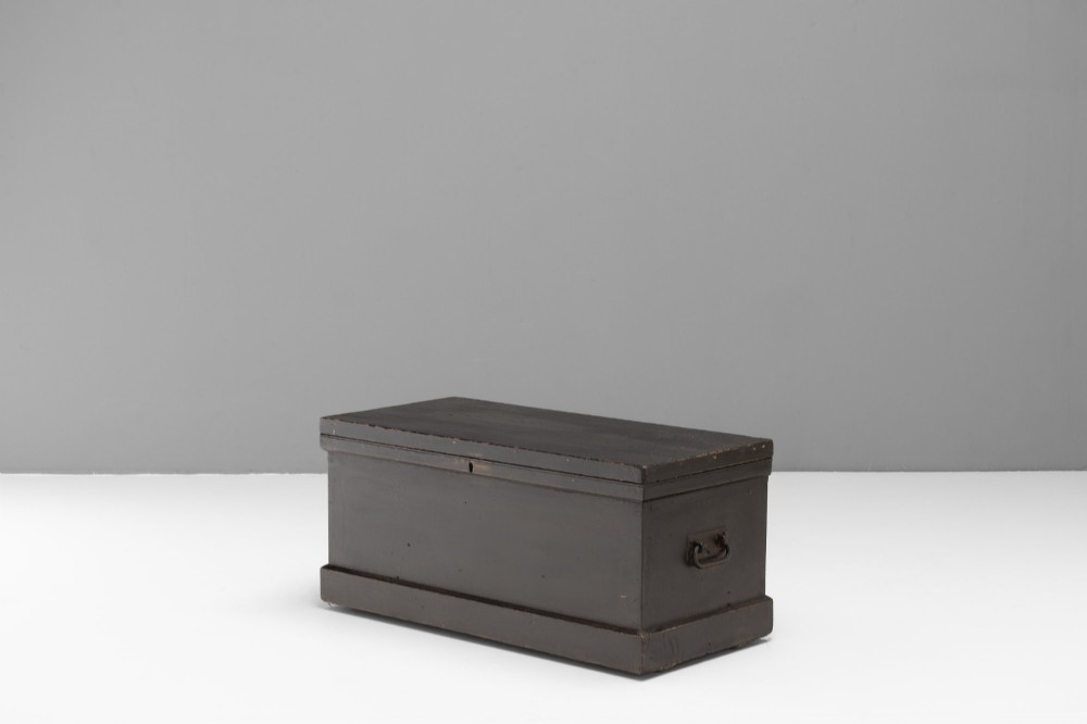 A dark painted rectangular pine storage trunk featuring an open hinged lid, natural pine interior, and iron side handles. View III