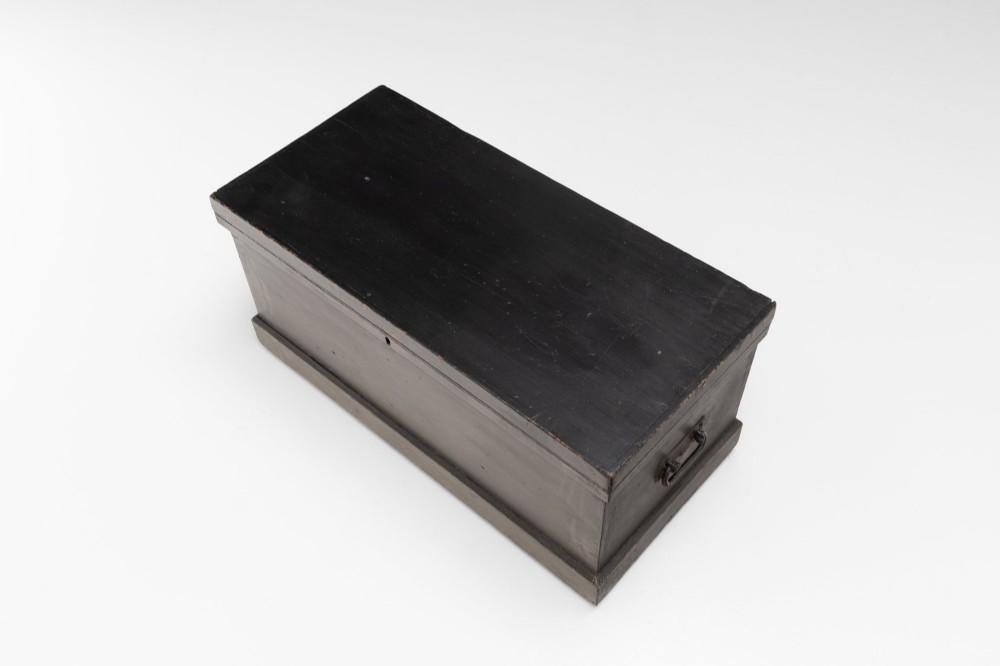 A dark painted rectangular pine storage trunk featuring an open hinged lid, natural pine interior, and iron side handles. View IV
