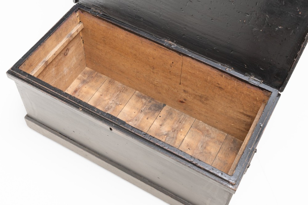 A dark painted rectangular pine storage trunk featuring an open hinged lid, natural pine interior, and iron side handles. View VIII