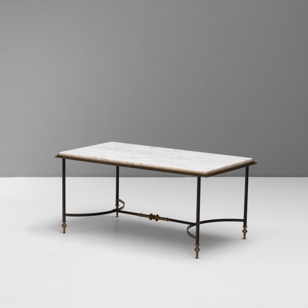 A rectangular coffee table featuring a polished white marble top set upon a black wrought iron frame with curved stretchers and brass finial feet. View II