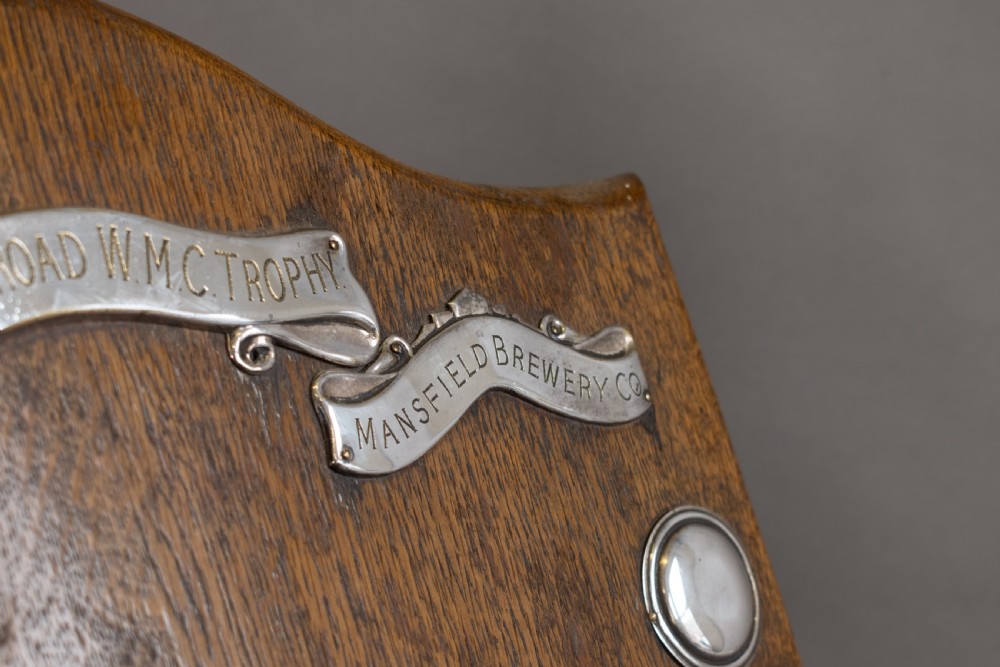 A standing shield-shaped oak presentation trophy featuring an oval silver darts motif surrounded by small silver winner plaques. View IV