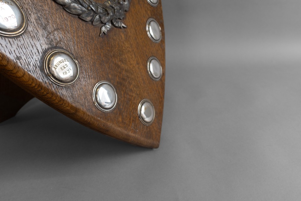 A standing shield-shaped oak presentation trophy featuring an oval silver darts motif surrounded by small silver winner plaques. View VII