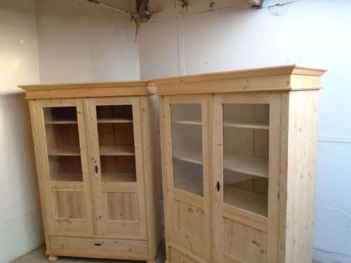 fig 1. A Rare Pair of Victorian Antique Pine 1 Piece Display Cabinets to wax / paint