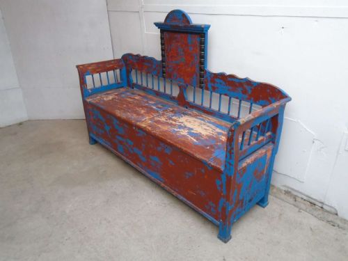 An Original 19th Century Painted Blue / Red 3 Seater Hungarian Bench
