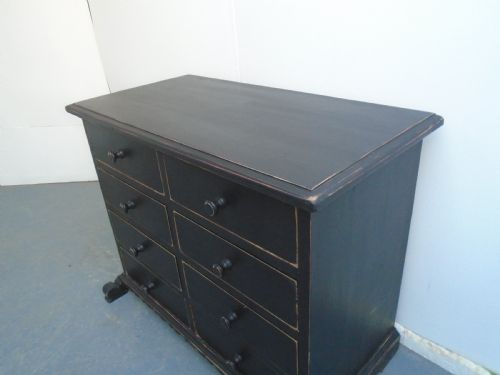 fig 1. A Low & Wide Painted Black Victorian Antique Pine 8 Drawer Chest of Drawers