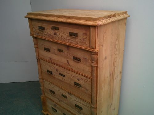 fig 1. A Shallow Victorian Antique Pine 5 Drawer Columned Chest of Drawers to Wax/Paint