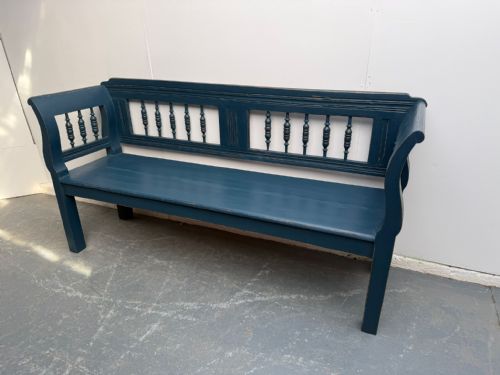 A LOVELY PAINTED BLUE ORIGINAL VICTORIAN PINE HUNGARIAN 3 SEATER BENCH