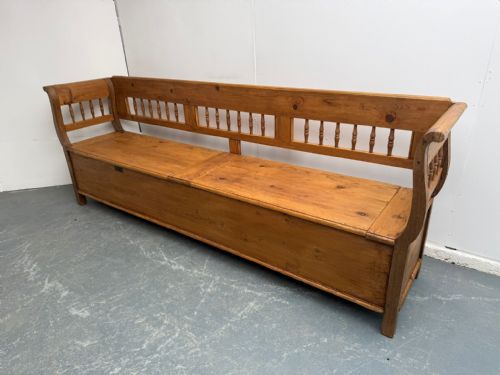 A Superbly Waxed Original Victorian Pine Hungarian 4 Seater Box Settle