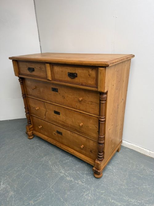 An Original Antique /Old Pine Columned Hungarian Waxed 5 Drawer Chest of Drawers
