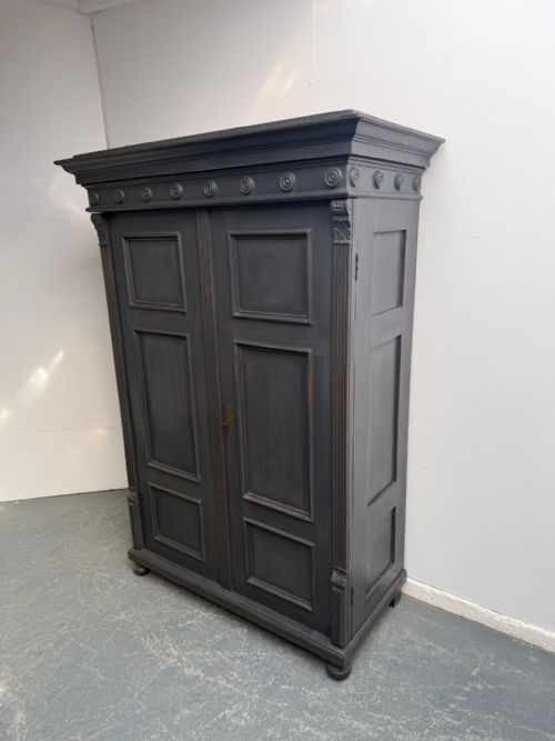 AN AMAZINGLY PAINTED LIGHT MID GREY 2 DOOR ORIGINAL HUNGARIAN STORAGE CUPBOARD