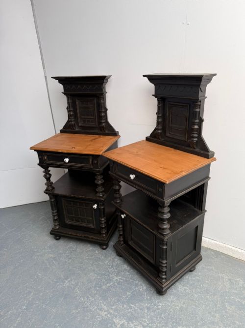 An Impressive Pair of Original Hungarian Oak & Pine Large Bedside Cabinets