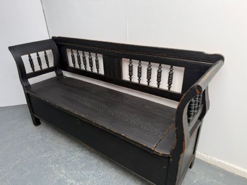 fig 1. A Genuine Hungarian Antique / Old Pine Black Victorian 3 Seater Box Settle 