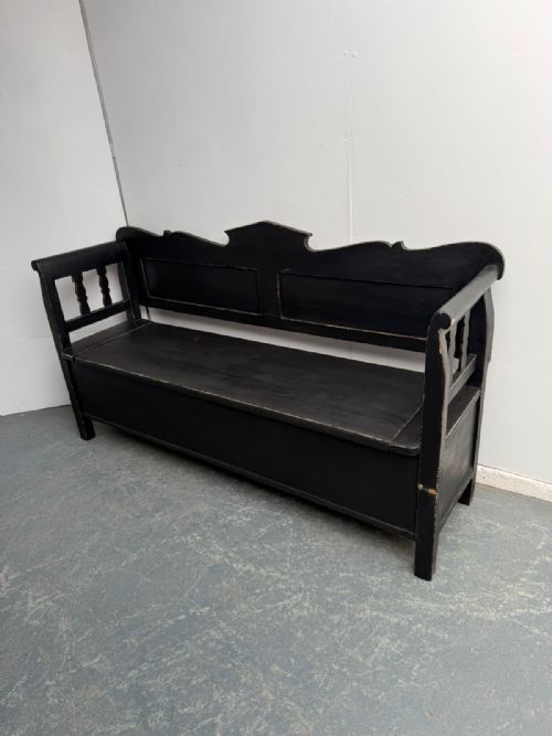 A GENUINE HUNGARIAN ANTIQUE OLD PINE PAINTED BLACK VICTORIAN 3 SEATER BENCH