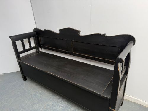 A GENUINE HUNGARIAN ANTIQUE OLD PINE PAINTED BLACK VICTORIAN 3 SEATER BENCH - ADDITIONAL PHOTO 1