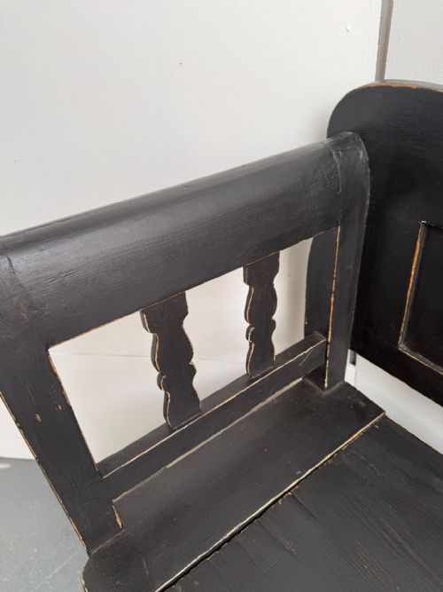 A GENUINE HUNGARIAN ANTIQUE OLD PINE PAINTED BLACK VICTORIAN 3 SEATER BENCH - ADDITIONAL PHOTO 2