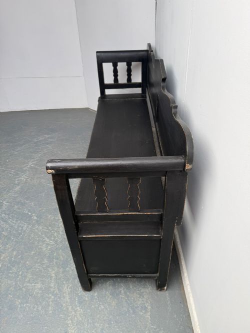 A GENUINE HUNGARIAN ANTIQUE OLD PINE PAINTED BLACK VICTORIAN 3 SEATER BENCH - ADDITIONAL PHOTO 4