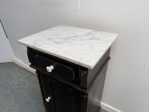 A GENUINE HUNGARIAN ANTIQUE PINE PAINTED BLACK MARBLE VICTORIAN BEDSIDE CABINET - ADDITIONAL PHOTO 1