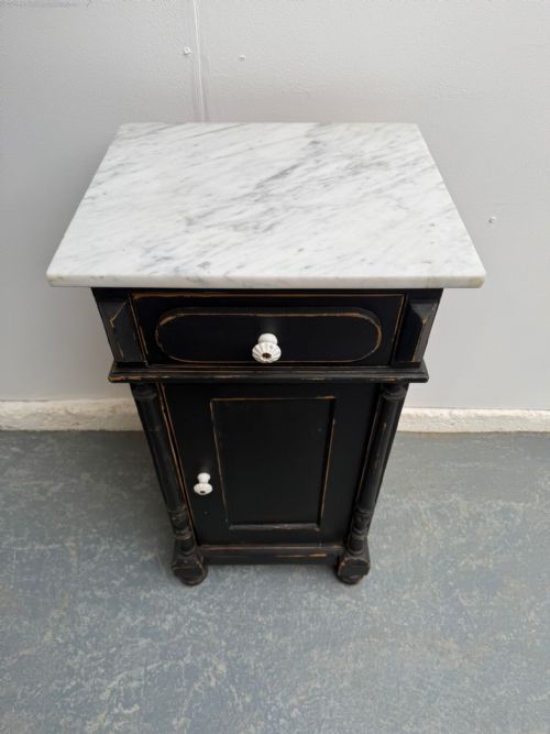 A GENUINE HUNGARIAN ANTIQUE PINE PAINTED BLACK MARBLE VICTORIAN BEDSIDE CABINET - ADDITIONAL PHOTO 2