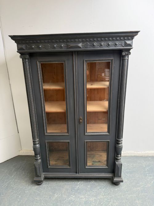 fig 1. An Original Victorian Hungarian Painted Grey Antique Pine Display Cabinet