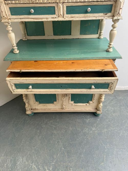 A GENUINE HUNGARIAN ORIGINAL PAINTED CREAM TEAL 2 PIECE VICTORIAN DRESSER - ADDITIONAL PHOTO 1