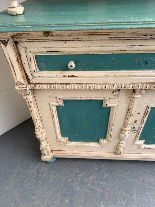 A GENUINE HUNGARIAN ORIGINAL PAINTED CREAM TEAL 2 PIECE VICTORIAN DRESSER - ADDITIONAL PHOTO 2
