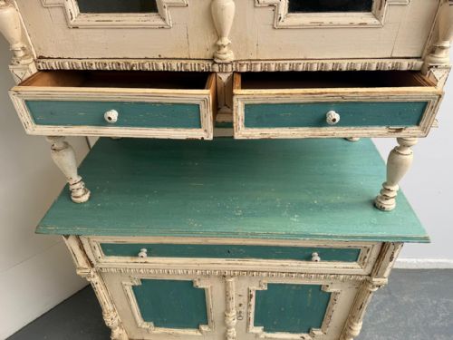 A GENUINE HUNGARIAN ORIGINAL PAINTED CREAM TEAL 2 PIECE VICTORIAN DRESSER - ADDITIONAL PHOTO 3