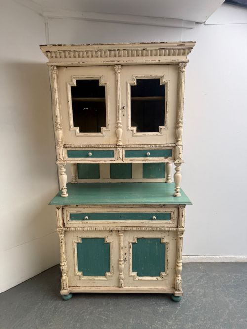 A GENUINE HUNGARIAN ORIGINAL PAINTED CREAM TEAL 2 PIECE VICTORIAN DRESSER - ADDITIONAL PHOTO 6