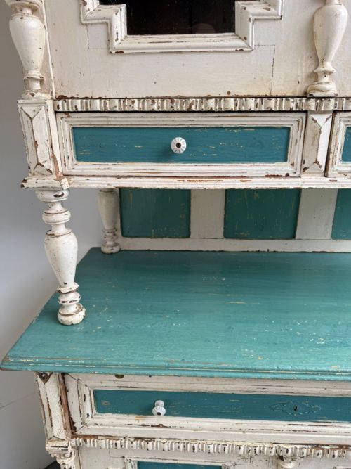 A GENUINE HUNGARIAN ORIGINAL PAINTED CREAM TEAL 2 PIECE VICTORIAN DRESSER - ADDITIONAL PHOTO 7