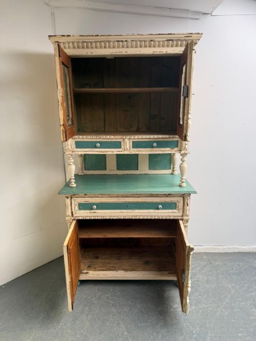 A GENUINE HUNGARIAN ORIGINAL PAINTED CREAM TEAL 2 PIECE VICTORIAN DRESSER - ADDITIONAL PHOTO 8